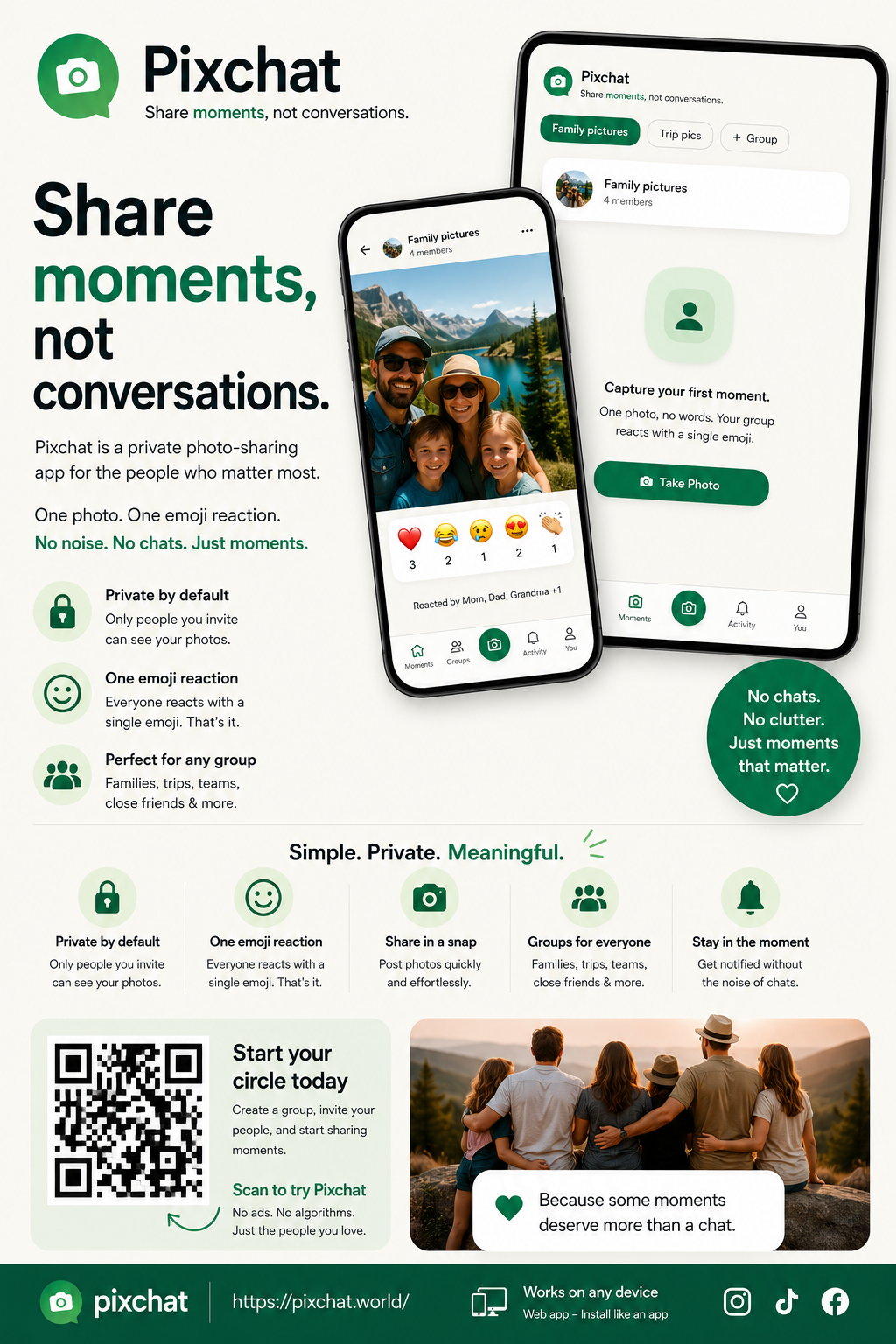 Pixchat — share moments, not conversations. A private photo-sharing app where every group reacts with a single emoji.
